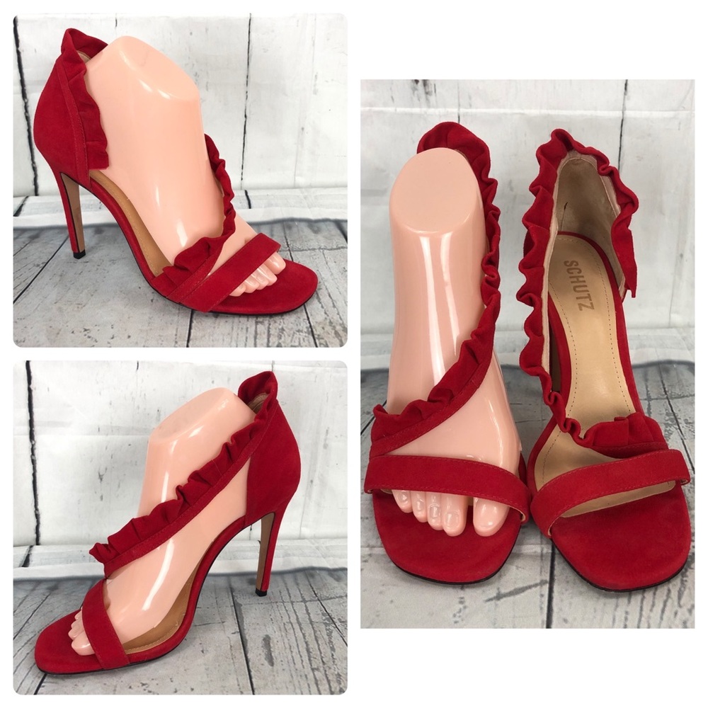SCHUTZ Red Ruffle Strap Suede Stiletto Heels